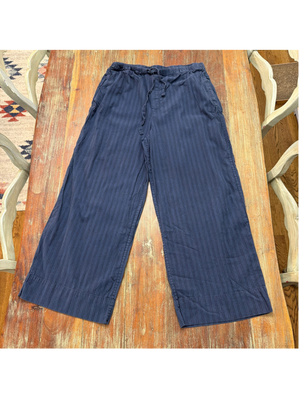 COS Cotton Linen Blend Navy Striped Drawstring Wide Leg Pants Sz Medium Pockets